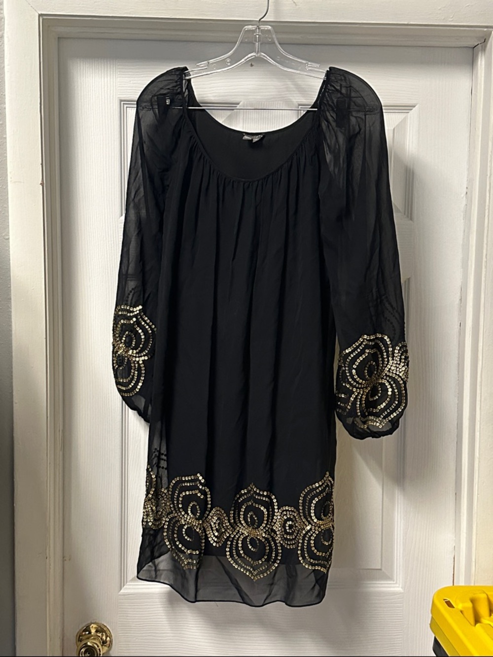 Muse Black Long Sleeve Beaded Tunic Dress with Gold Embellishment